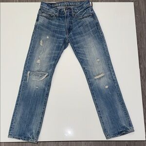 American Eagle Jeans Mens 26/28 Slim Straight Leg Medium Blue Denim Distressed
